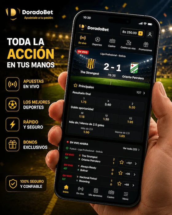 Aplicación móvil de Doradobet Bolivia para realizar apuestas en vivo desde cualquier lugar.