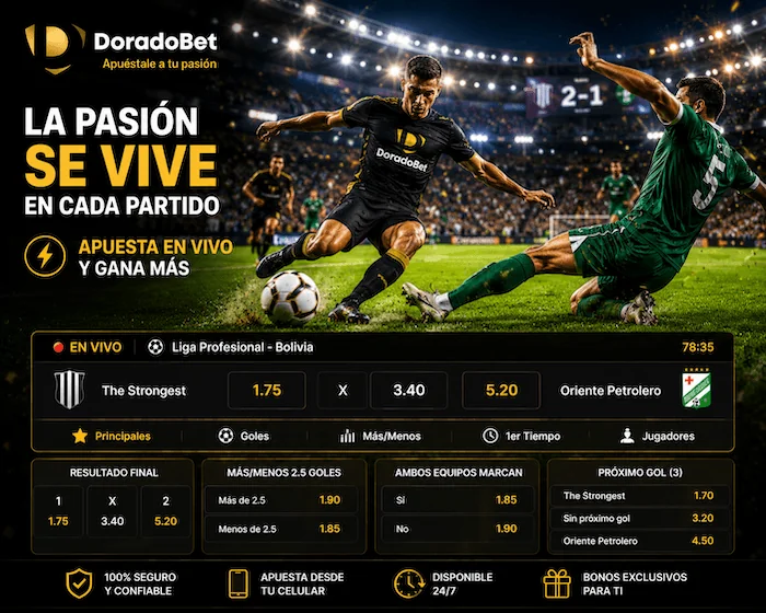 Plataforma de apuestas deportivas de Doradobet Bolivia con mercados en vivo y cuotas actualizadas.