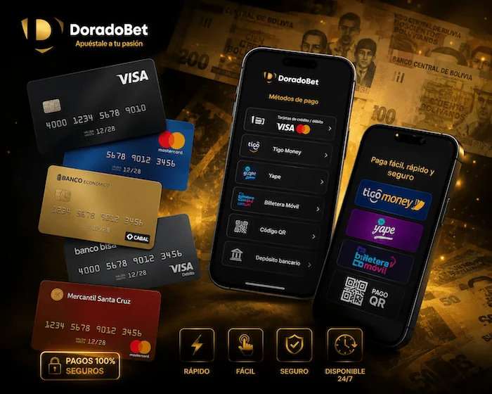 Opciones de pago digitales de Doradobet Bolivia para depósitos rápidos y seguros en moneda local.