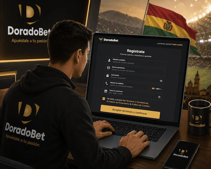 Usuario creando una cuenta en Doradobet Bolivia mediante un proceso seguro de registro en línea.