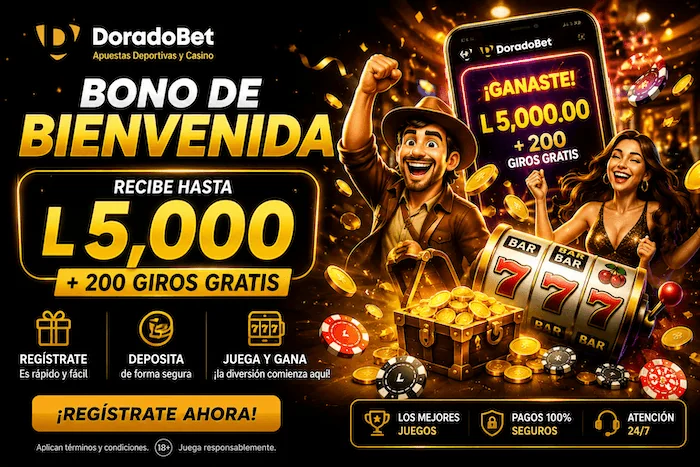 Promoción de bienvenida de DoradoBet Honduras con beneficios exclusivos para nuevos jugadores y recompensas de registro.