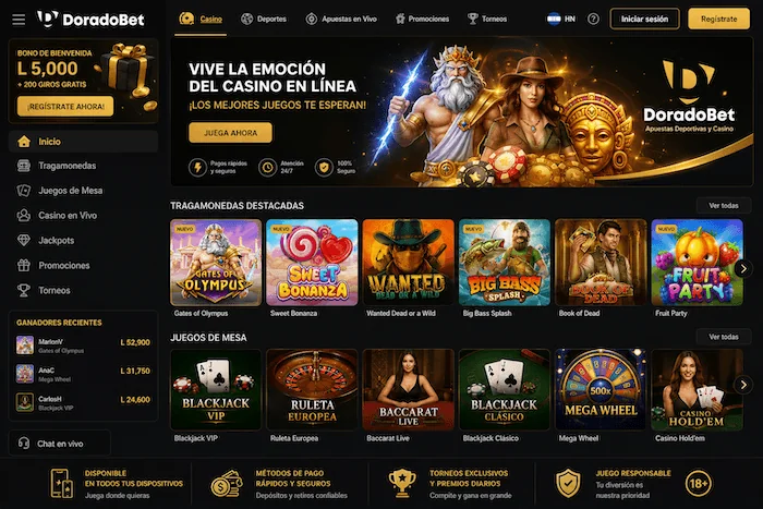 Plataforma de casino online de DoradoBet Honduras con juegos destacados, navegación intuitiva y experiencia digital de entretenimiento.