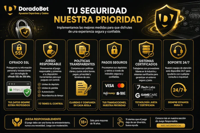 Medidas de seguridad de DoradoBet Honduras enfocadas en protección de datos, pagos seguros y juego responsable.