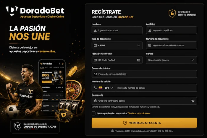 Registro seguro en DoradoBet Ecuador para crear cuenta y acceder a apuestas online.
